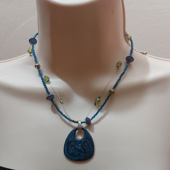 Jewelry - Blue Swirly Enameled Pendant Beaded Necklace